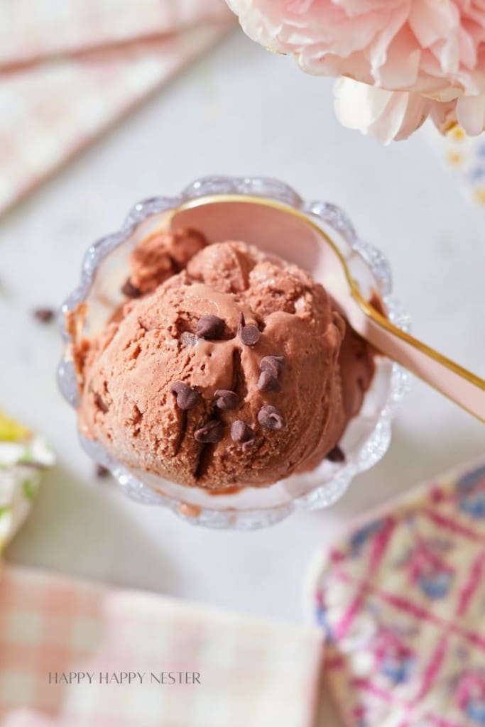 A glass bowl brimming with delicious chocolate ice cream is topped with a scattering of chocolate chips, perfect for those who love recipes made with chocolate chips. A gold spoon rests elegantly on the ice cream. Soft pink flowers and patterned fabrics complete the delightful scene.