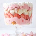 Indulge in this easy fruit trifle recipe featuring a layered dessert in a glass bowl, complete with whipped cream, pink mousse, sliced strawberries, and chunks of cake. The creation is elegantly surrounded by light pink flower petals.