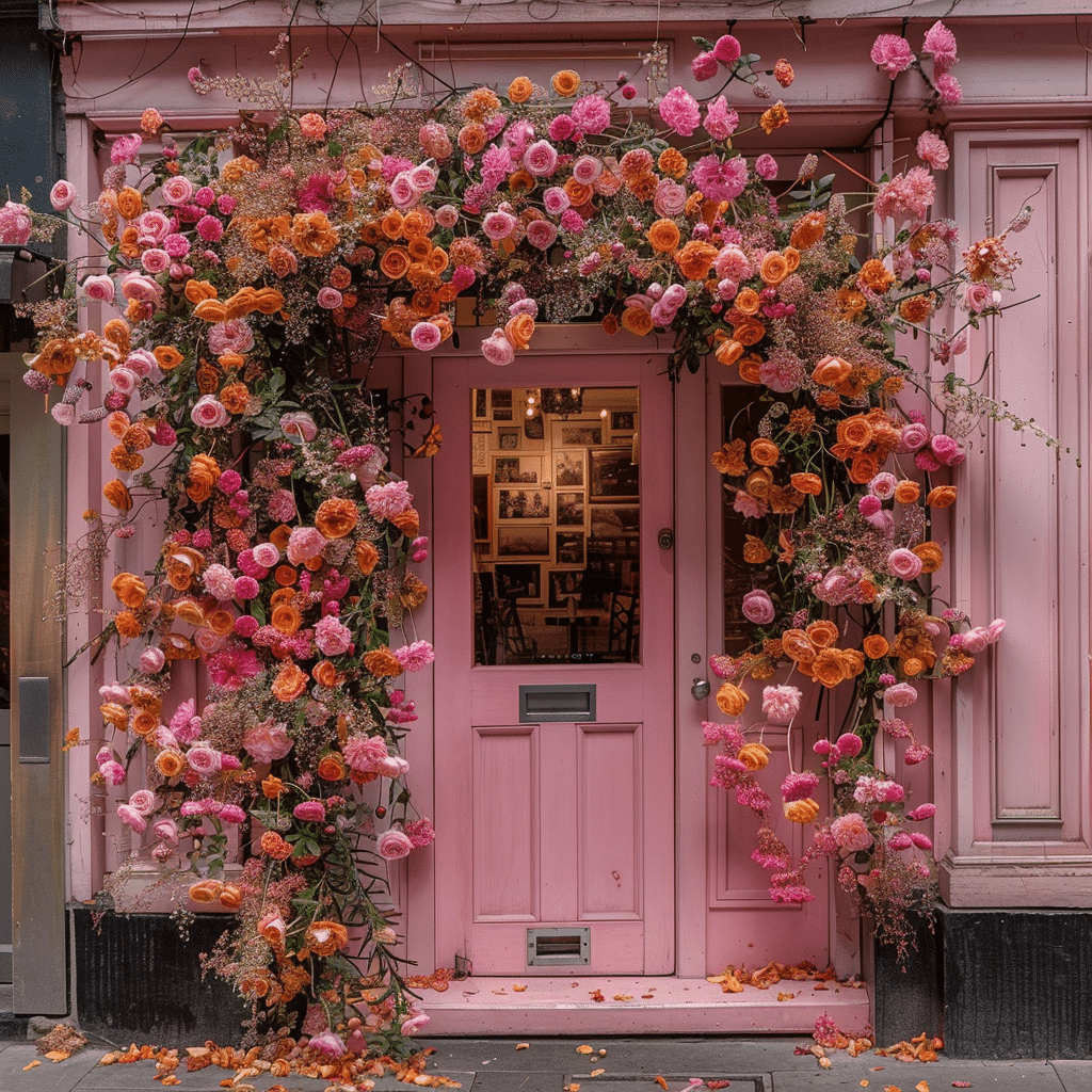 A storefront with a pink door is adorned with an arch of pink, orange, and peach flowers, complemented by stunning seasonal wreaths. The floral display frames the entrance, while the window reveals a wall covered in photos inside the shop.