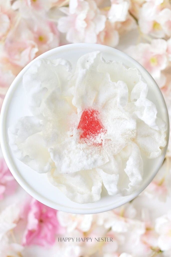 A close-up of a round white dessert adorned with whipped cream and a small red fruit at its center. The background is an artful blur, reminiscent of pink and white floral patterns delicately crafted like fried rice paper flowers.