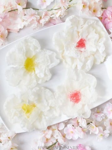 A white rectangular plate holds delicate fried rice paper flowers with translucent petals and hints of pink and yellow centers, surrounded by scattered pink and white blossoms on a marble surface.