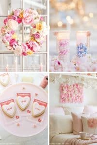 A collage of Valentine's decor: a floral wreath, two "Happy Valentine's Day" candles, heart-shaped cookies with sweet messages, and a cozy bedroom featuring pink crafts like pillows and a flower wall art.