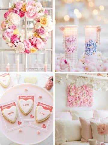 A collage of Valentine's decor: a floral wreath, two "Happy Valentine's Day" candles, heart-shaped cookies with sweet messages, and a cozy bedroom featuring pink crafts like pillows and a flower wall art.