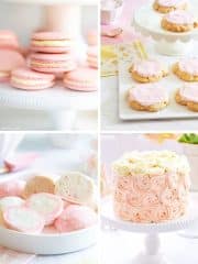 A charming collage of pink desserts showcases four delights on white stands: delicate macarons, sugar cookies topped with pink frosting, creamy-centered mochi, and a cake adorned with pink and white rosettes. A floral napkin adds an extra touch of elegance to the scene.