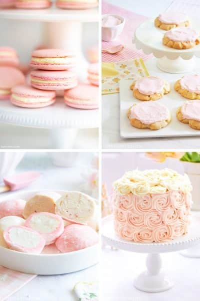 A charming collage of pink desserts showcases four delights on white stands: delicate macarons, sugar cookies topped with pink frosting, creamy-centered mochi, and a cake adorned with pink and white rosettes. A floral napkin adds an extra touch of elegance to the scene.