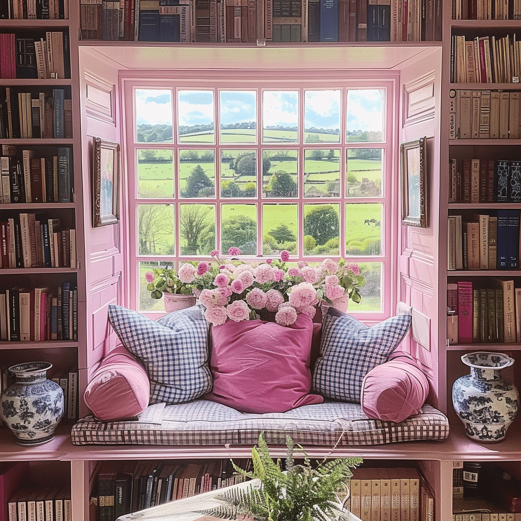 A cozy reading nook with pink cushions and flowers overlooks a scenic countryside through a window framed by bookshelves. Pink crafts, along with blue and white vases, stand on either side, adding a decorative touch.