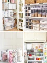 A collage of organized kitchen storage: top left shows a shelving unit with bins and jars, while the top right features labeled jars of grains and pasta. Incorporating professional organizing tips, the bottom left displays jars with straws and napkins, and the bottom right reveals a meticulously arranged refrigerator.