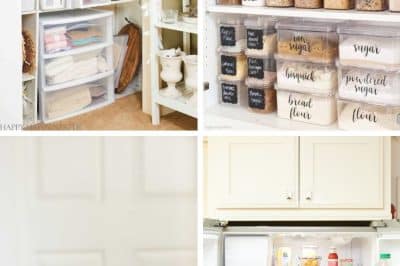 A collage of organized kitchen storage: top left shows a shelving unit with bins and jars, while the top right features labeled jars of grains and pasta. Incorporating professional organizing tips, the bottom left displays jars with straws and napkins, and the bottom right reveals a meticulously arranged refrigerator.