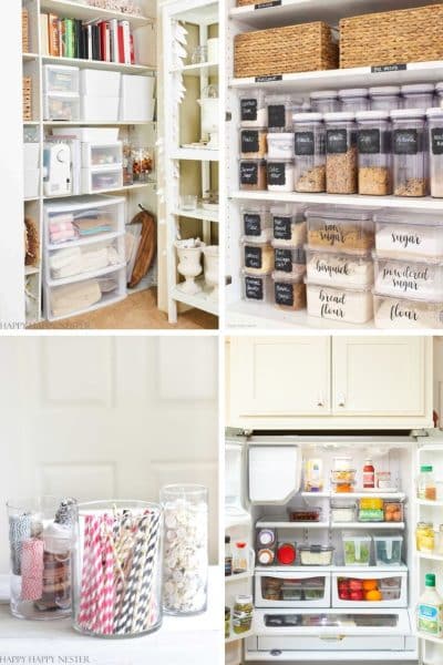 A collage of organized kitchen storage: top left shows a shelving unit with bins and jars, while the top right features labeled jars of grains and pasta. Incorporating professional organizing tips, the bottom left displays jars with straws and napkins, and the bottom right reveals a meticulously arranged refrigerator.