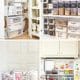 A collage of organized kitchen storage: top left shows a shelving unit with bins and jars, while the top right features labeled jars of grains and pasta. Incorporating professional organizing tips, the bottom left displays jars with straws and napkins, and the bottom right reveals a meticulously arranged refrigerator.