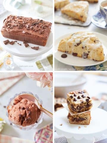 A collage of four irresistible baked goods: a chocolaty loaf topped with shavings, a light scone enhanced by chocolate chips and glaze, recipes made with chocolate chips scooped into a bowl as ice cream, and stacked chocolate chip blondies elegantly arranged on a cake stand.