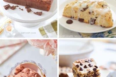 A collage of four irresistible baked goods: a chocolaty loaf topped with shavings, a light scone enhanced by chocolate chips and glaze, recipes made with chocolate chips scooped into a bowl as ice cream, and stacked chocolate chip blondies elegantly arranged on a cake stand.