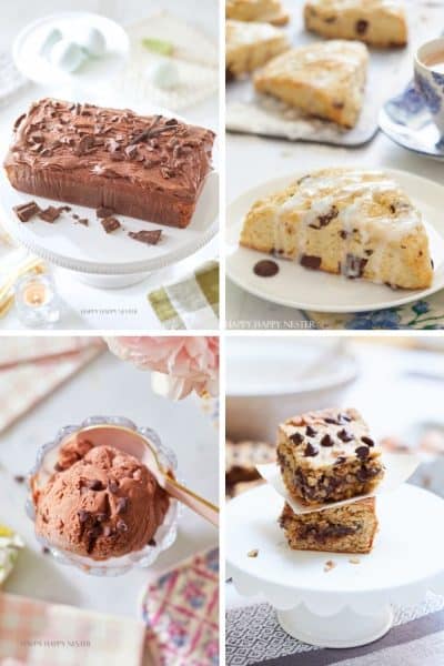 A collage of four irresistible baked goods: a chocolaty loaf topped with shavings, a light scone enhanced by chocolate chips and glaze, recipes made with chocolate chips scooped into a bowl as ice cream, and stacked chocolate chip blondies elegantly arranged on a cake stand.