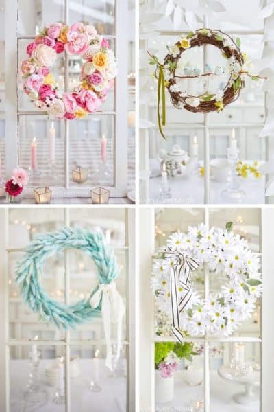 A collage of four seasonal wreaths: a pink floral wreath, a grapevine wreath with leaves and ribbons, a fluffy blue wreath adorned with a ribbon, and a white flower wreath accented by black and white ribbons. Softly glowing candles set the mood in the background.