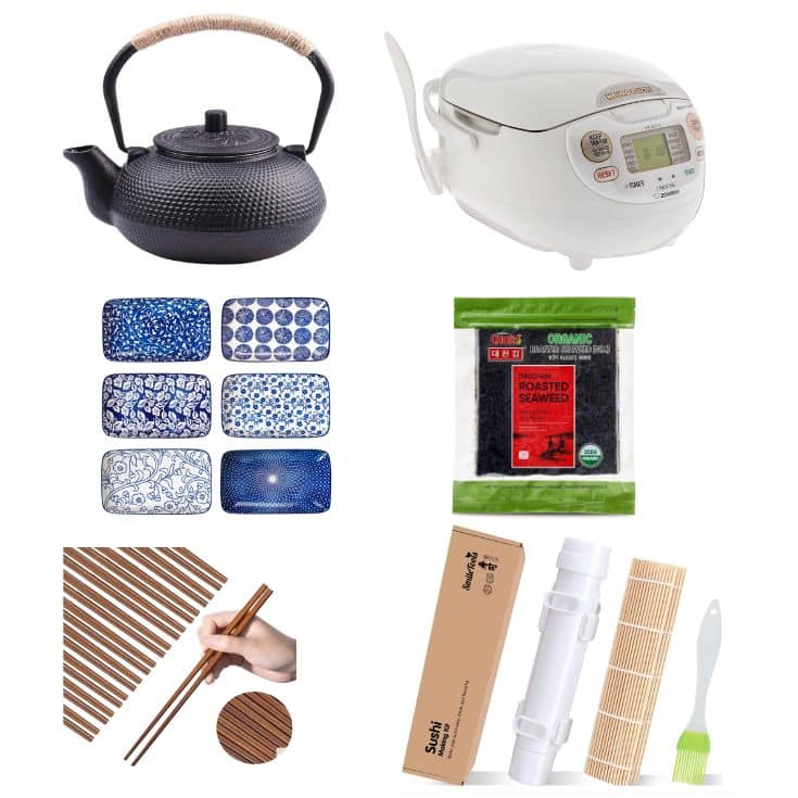 A collage of Japanese kitchen items: a black teapot with a woven handle, a white rice cooker, four patterned blue plates, a pack of roasted seaweed, wooden chopsticks, a sushi rolling kit with a sushi bazooka, and a bamboo brush.