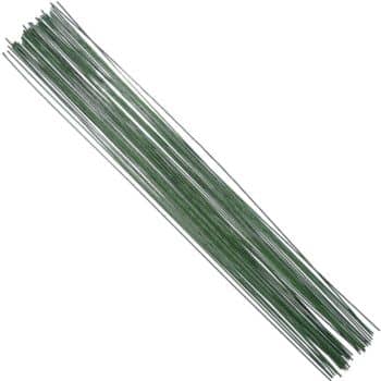 A bundle of long, thin green floral wires, perfect for easy flower paper crafts, arranged parallel to each other on a white background.