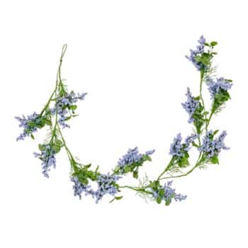 A decorative garland featuring clusters of small purple flowers and green leaves arranged along a vine-like string, displayed against a white background.