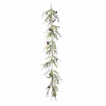 A hanging garland decorated with small lavender flowers and green leaves, arranged vertically on a white background.