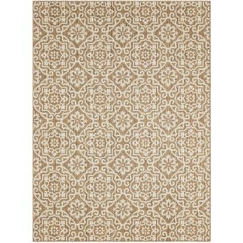 A rectangular beige rug features an intricate geometric and floral pattern. The design is symmetrical with repeating motifs in a slightly darker shade, giving it a textured appearance.