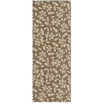 Rectangular brown rug with a pattern of cream-colored flowers and leaves.