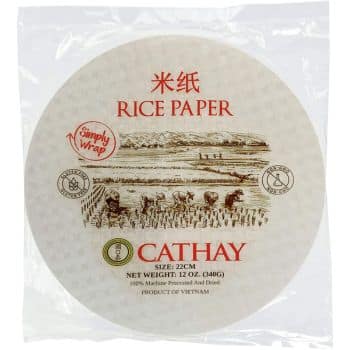 The Cathay rice paper packaging features sketches of rice fields, perfect for easy flower paper crafts. Text includes "Simply Wrap," "Rice Paper," "Size: 22cm," "Net Weight: 12 oz. (340g)," and proudly states it as a "Product of Vietnam.