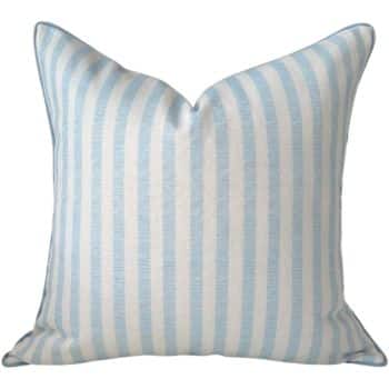 A square pillow with light blue and white vertical stripes. The fabric appears soft, and the pillow is plump, with slightly pointed corners at the top.