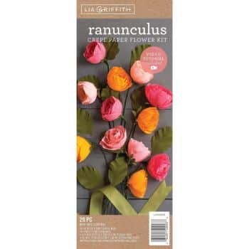 Packaging for an easy flower paper crafts kit featuring colorful ranunculus flowers in pink, orange, and yellow. The box displays a video tutorial icon and includes 29 pieces, with the brand name "Lia Griffith" at the top.