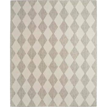 A rectangular rug featuring a diamond pattern in alternating shades of beige and gray. The design creates a checkerboard-like appearance with a modern, geometric style.