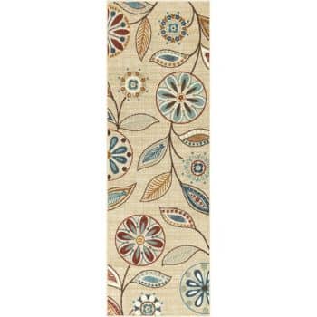 A narrow, beige rug featuring a pattern of stylized floral designs with circular flowers and leaves. The flowers are in shades of blue, red, and brown.