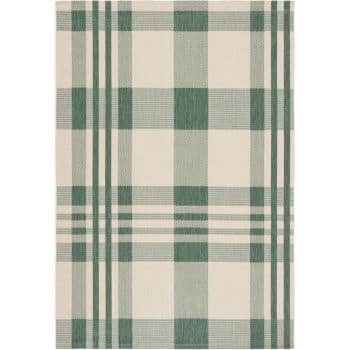 A rectangular textile featuring a green and white plaid pattern. The design consists of alternating thick and thin lines forming large and small squares.