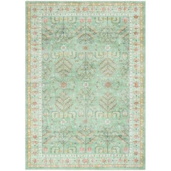 A detailed rug with a light green background features intricate patterns of branches and geometric designs in beige, pink, and darker green. It has a decorative border with similar motifs, creating an elegant and ornate appearance.