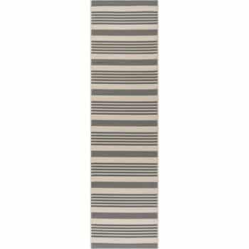 A long rectangular rug featuring alternating horizontal stripes in shades of gray and beige. The pattern consists of both thick and thin stripes, creating a minimalist, modern look suitable for a variety of interior spaces.