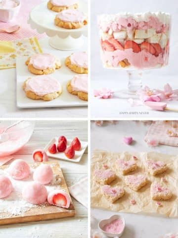 A collage of my favorite pink-themed desserts: heart-shaped cookies with pink icing on a tray, a layered trifle in a glass bowl, mochi balls with strawberries, and bunny-shaped cookies with pink sugar on parchment paper, all accented by pastel decorations.