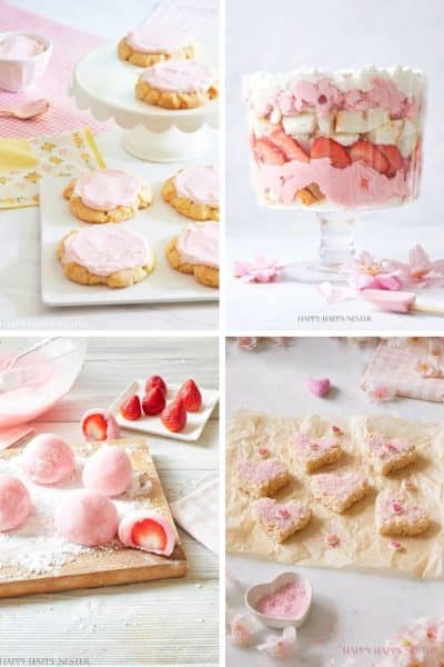 A collage of my favorite pink-themed desserts: heart-shaped cookies with pink icing on a tray, a layered trifle in a glass bowl, mochi balls with strawberries, and bunny-shaped cookies with pink sugar on parchment paper, all accented by pastel decorations.