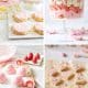 A collage of my favorite pink-themed desserts: heart-shaped cookies with pink icing on a tray, a layered trifle in a glass bowl, mochi balls with strawberries, and bunny-shaped cookies with pink sugar on parchment paper, all accented by pastel decorations.