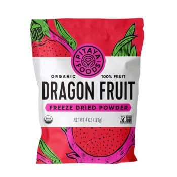 A bright, colorful package of Pitaya Foods organic 100% fruit freeze-dried dragon fruit powder, ideal for crafting the best summer drinks. The design features vibrant pink and green dragon fruit illustrations on a white background. The 4 oz (113g) pack is labeled non-GMO and USDA organic.