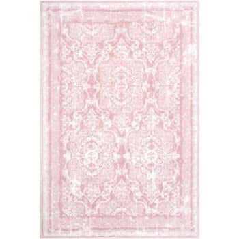 A rectangular, vintage-style rug with an ornate pink and white pattern. The design features intricate floral and geometric motifs, giving it a classic and elegant appearance.