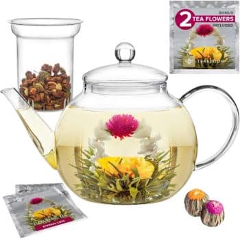 A clear glass teapot showcases blooming tea flowers, a delightful addition to the best summer drinks. Nearby sit glass cups, two tea flower balls, and a packet labeled "2 Tea Flowers Included," with colorful blooms gracefully opening in hot water.