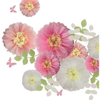 A collection of pink and white flowers with green leaves scattered across a white background, perfect for inspiring easy flower paper crafts. Small pink butterfly silhouettes are interspersed among the flowers.