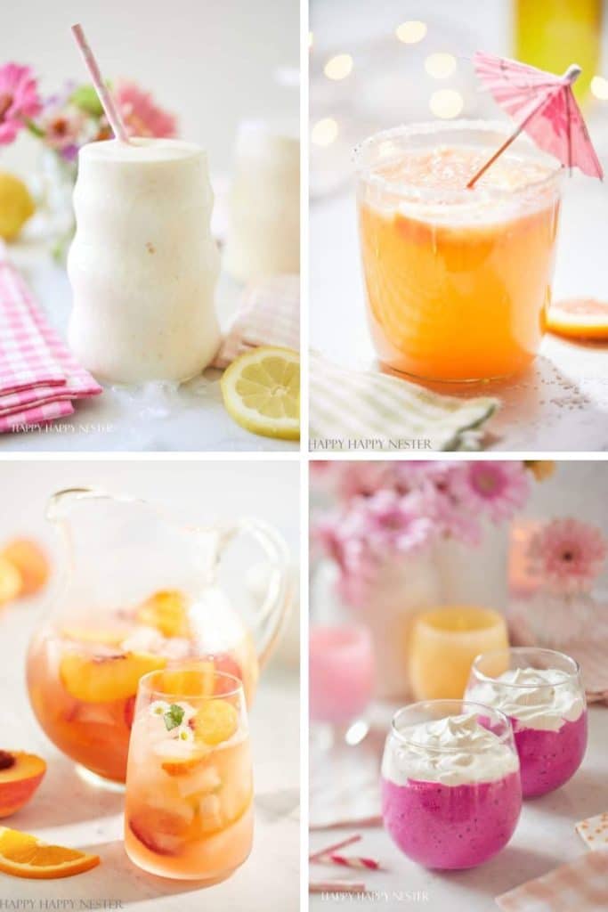 Discover the best summer drinks: A creamy beverage in a mason jar with a pink straw, an orange delight with a pink umbrella, a pitcher and glass of fruit-filled punch, and two glasses of purple smoothie topped with whipped cream. Refreshment awaits!.