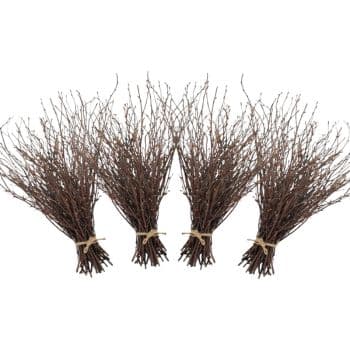 Four bundles of twigs tied with twine, arranged in a row. The brown, dry branches extend outward from each bundle, reminiscent of my favorite spring crafts, adding a rustic charm to any setting.