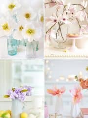 Four arrangements of pastel-colored flowers in various glass vases. Top left features white flowers in blue bottles, top right shows pink blossoms in clear glass. Bottom left has lavender flowers, and the bottom right displays pink blooms with candles—perfect inspirations for easy flower paper crafts.