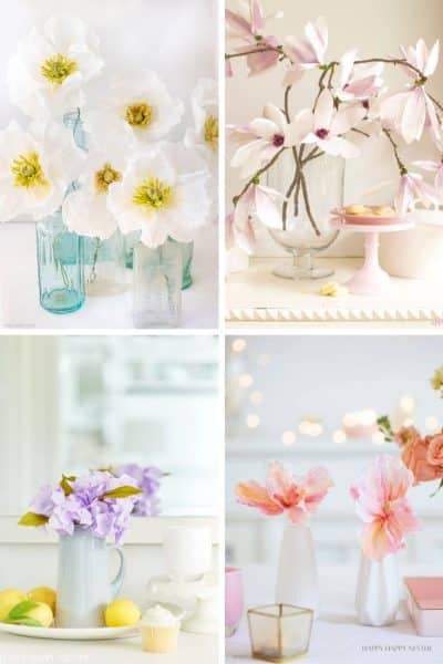 Four arrangements of pastel-colored flowers in various glass vases. Top left features white flowers in blue bottles, top right shows pink blossoms in clear glass. Bottom left has lavender flowers, and the bottom right displays pink blooms with candles—perfect inspirations for easy flower paper crafts.