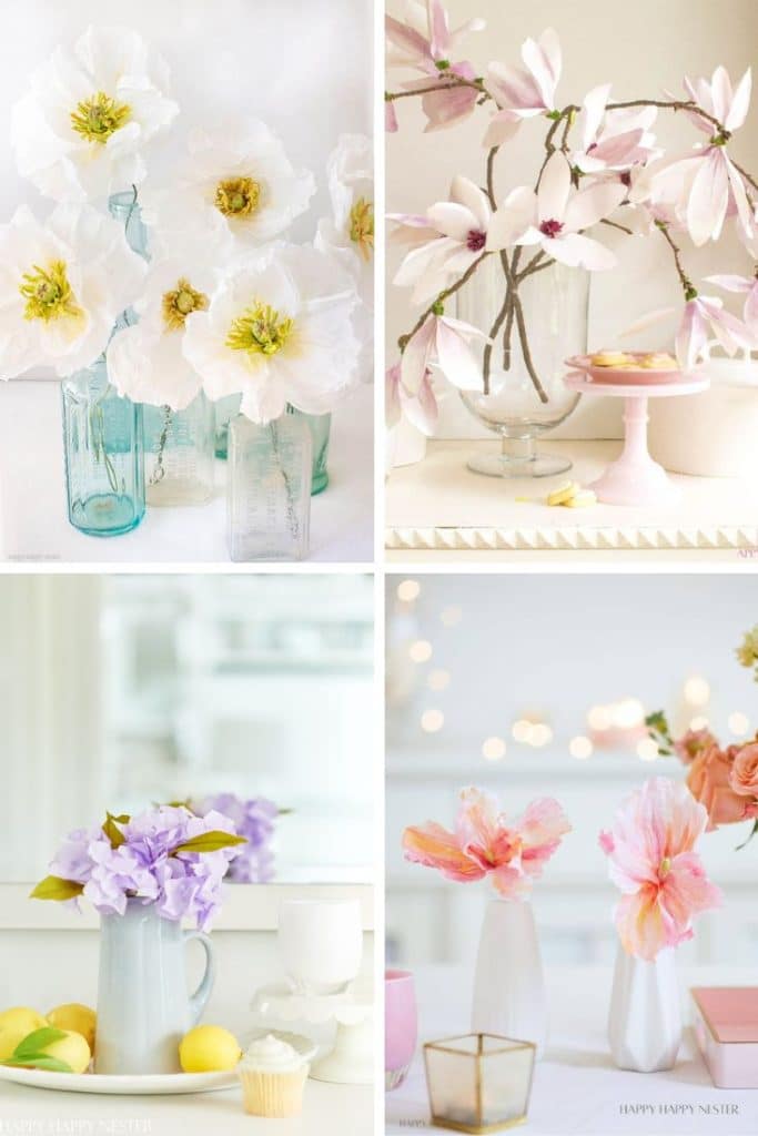 Four arrangements of pastel-colored flowers in various glass vases. Top left features white flowers in blue bottles, top right shows pink blossoms in clear glass. Bottom left has lavender flowers, and the bottom right displays pink blooms with candles—perfect inspirations for easy flower paper crafts.