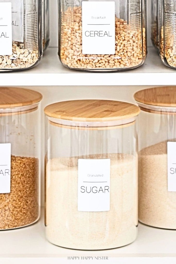 Glass jars with bamboo lids on shelves, each labeled with contents. Top shelf: cereal. Bottom shelf: jars labeled sugar, containing granulated and brown sugar. Clean and organized pantry storage.