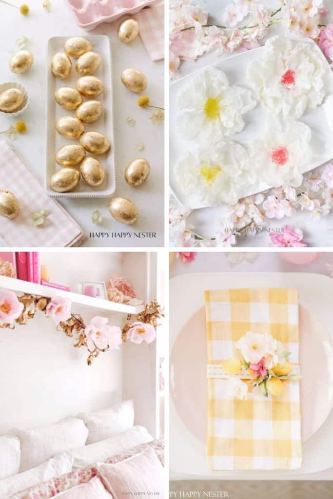 A collage of four images showcases my favorite spring crafts: golden eggs in a tray, faux white flowers with pink and yellow centers, a bedroom adorned with a cherry blossom garland, and a table setting featuring a yellow plaid napkin and floral decor.