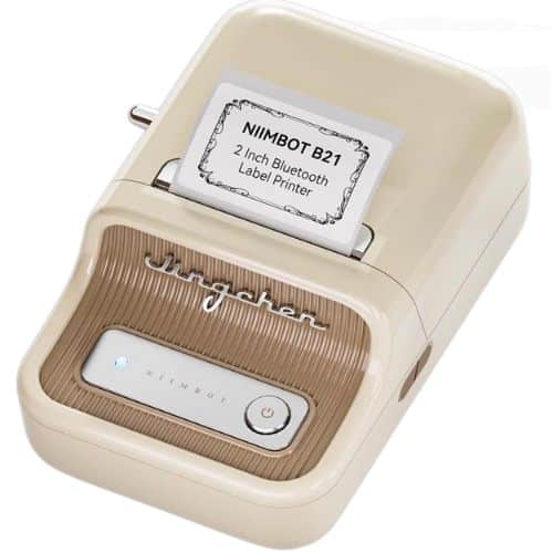 A compact, beige and brown NiiMbot B21 Bluetooth label printer, perfect for learning how to organize a small pantry. With its simple interface, power button, and small light indicator on the front panel, it efficiently prints labels to streamline your storage solutions.