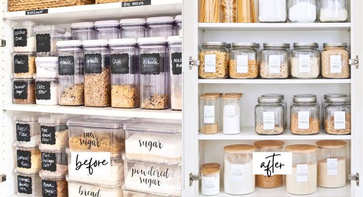 A pantry transformation illustrated in two parts: the left side is cluttered with various labeled containers, while the right side displays how to organize a small pantry with neatly arranged, uniform jars filled with pasta, rice, oats, and sugar.