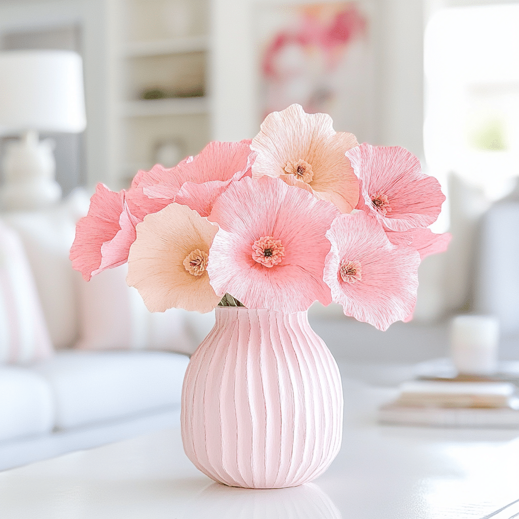 A pink vase with fluted texture showcases delicate pink and peach paper flowers, a testament to easy flower paper crafts. The arrangement rests on a white surface, set against a softly blurred background with a couch and bookshelves in a bright, airy room.