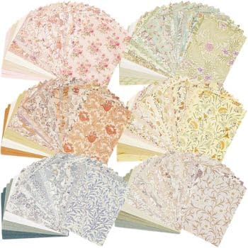 A collection of decorative paper sheets, perfect for my favorite spring crafts, arranged in a circular pattern. They feature floral and nature-inspired designs in hues of pink, green, beige, and blue. The sheets are fanned out to reveal diverse patterns and textures.